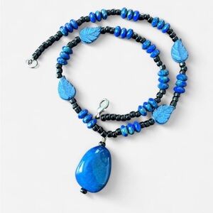 Blue Stone Bohemian Necklace Choker with Carved Leaf Accents & Teardrop Pendant